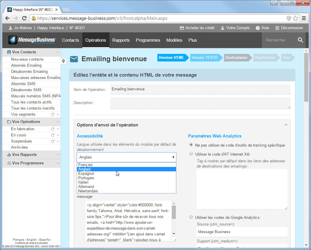 copie ecran logiciel emailing Sendethic Gérez votre Emailing dans une langue étrangère