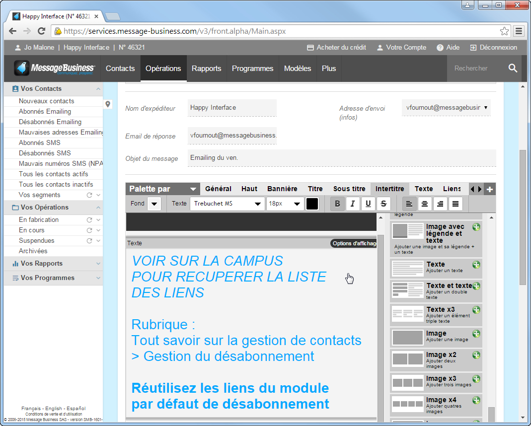 Ins&eacute;rez un lien de mise &agrave; jour de profil et des informations Contacts