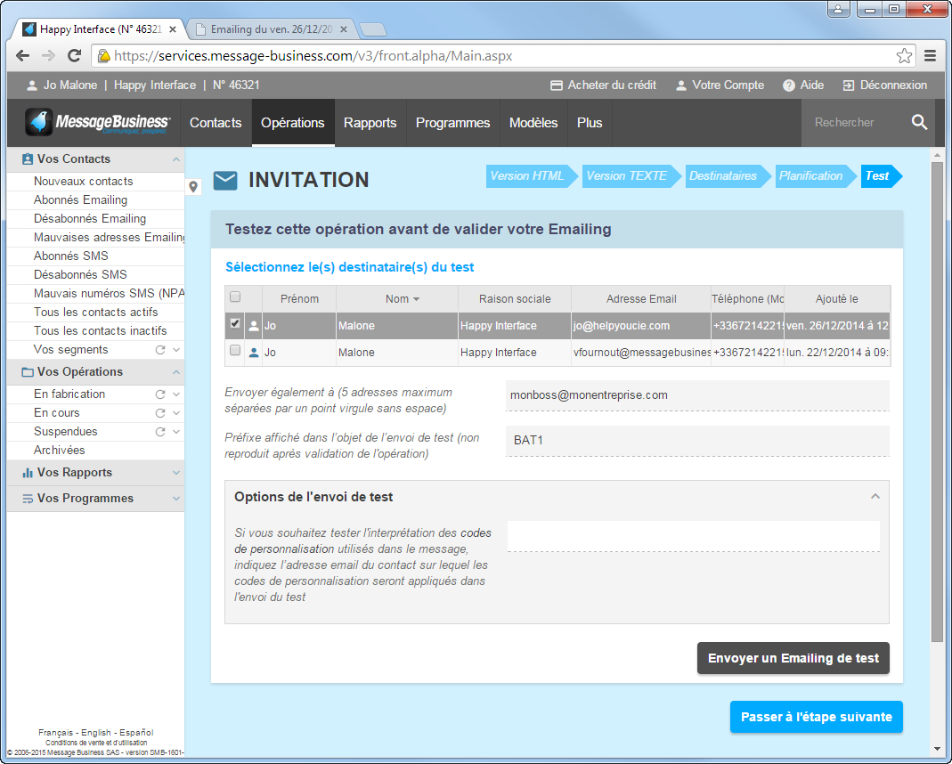 copie ecran logiciel emailing Sendethic Paramétrez des critères d'envois de vos tests