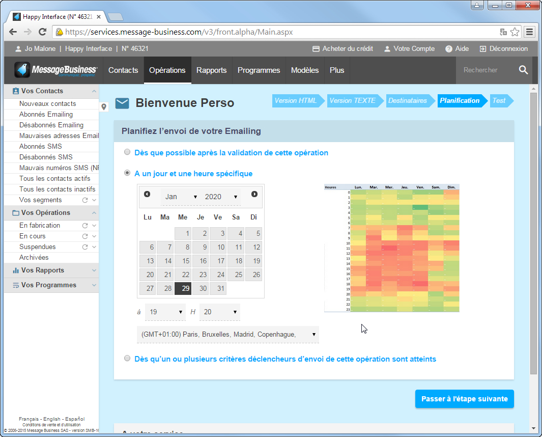 Planifiez la date et l'heure d'envoi de votre opération Emailing 