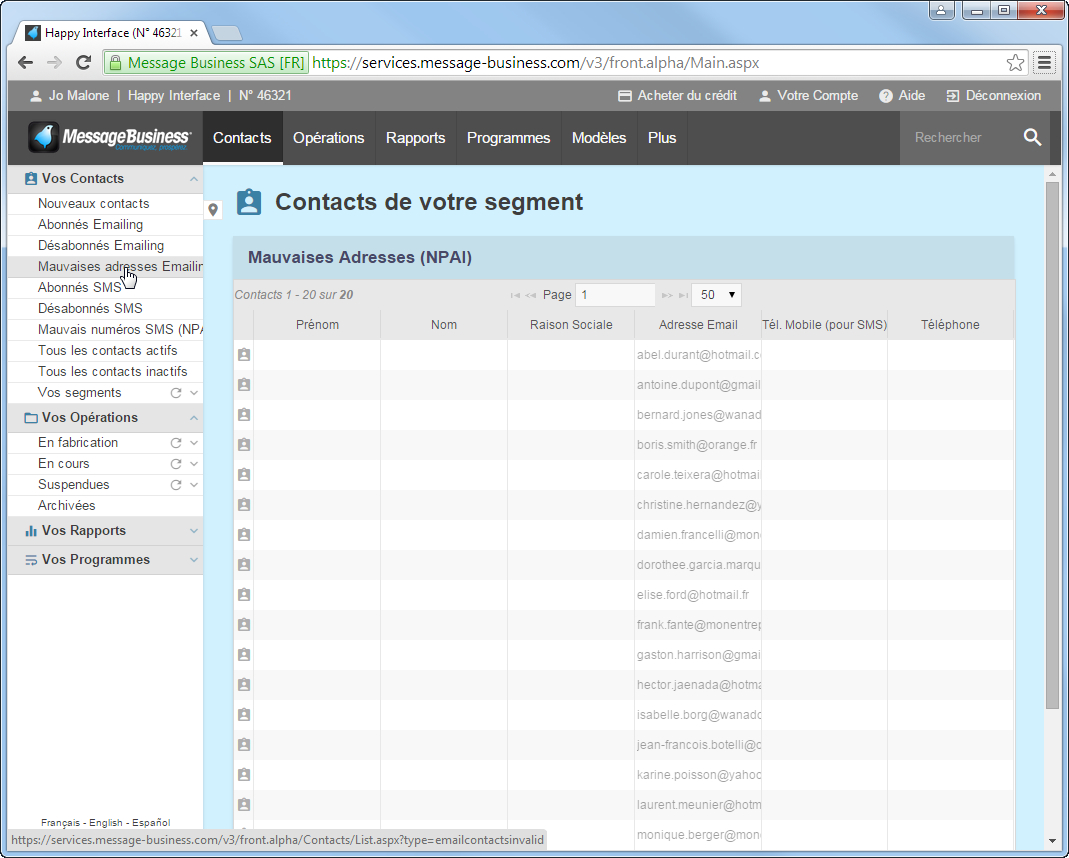 Retrouvez la liste de vos Contacts NPAI 