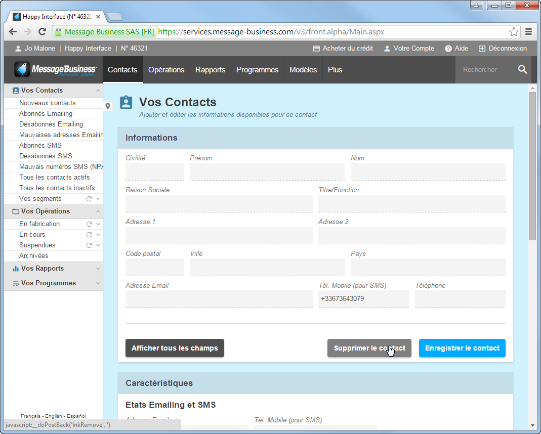 copie ecran logiciel emailing Sendethic Supprimez manuellement vos Contacts de votre Base Sendethic