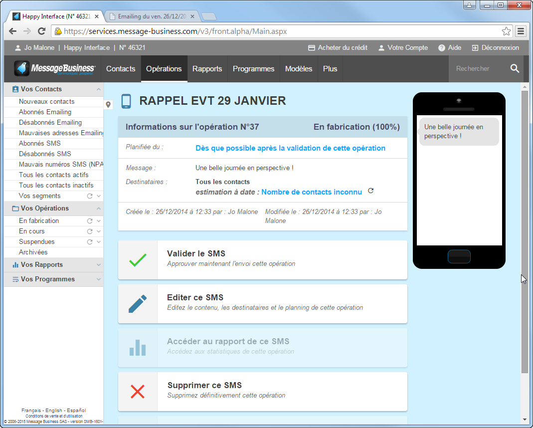 copie ecran logiciel emailing Sendethic Validez l'envoi de votre campagne SMS