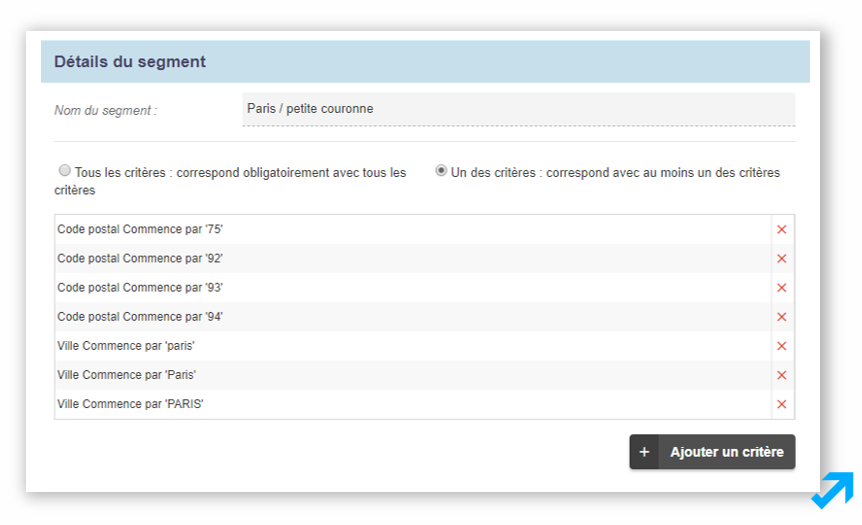 Capture d'écran de l'application Sendethic représentant divers types de segments