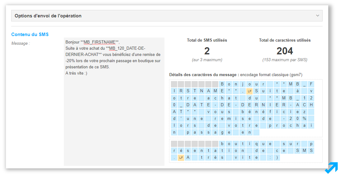Pavé de rédaction SMS dans l'application Sendethic