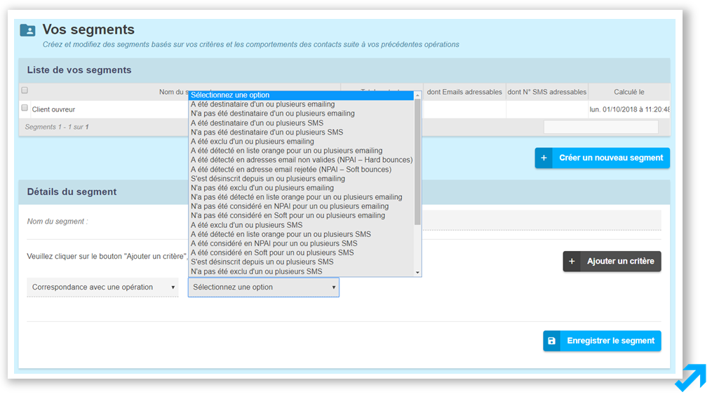Liste de segments dans l'application Sendethic