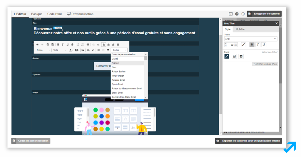 Exemple de Landing Page créée grâce à l'Editeur Sendethic avec codes de personnalisation